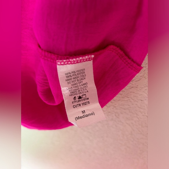 JODIFL Hot Pink & Red Colorblock Relaxed Fit V-Neck Smocked Sleeve Blouse M - Picture 4 of 7